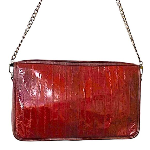 Eel Skin Handbag Rectangular Clutch Crossbody Dark Cherry w/Chain-link Strap - Picture 2 of 16